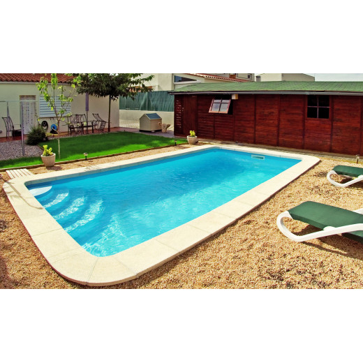 Piscine coque en polyester rectangulaire escalier 1/4 cercle fond plat modèle Space 6.00 x 3.10 x 1.50m